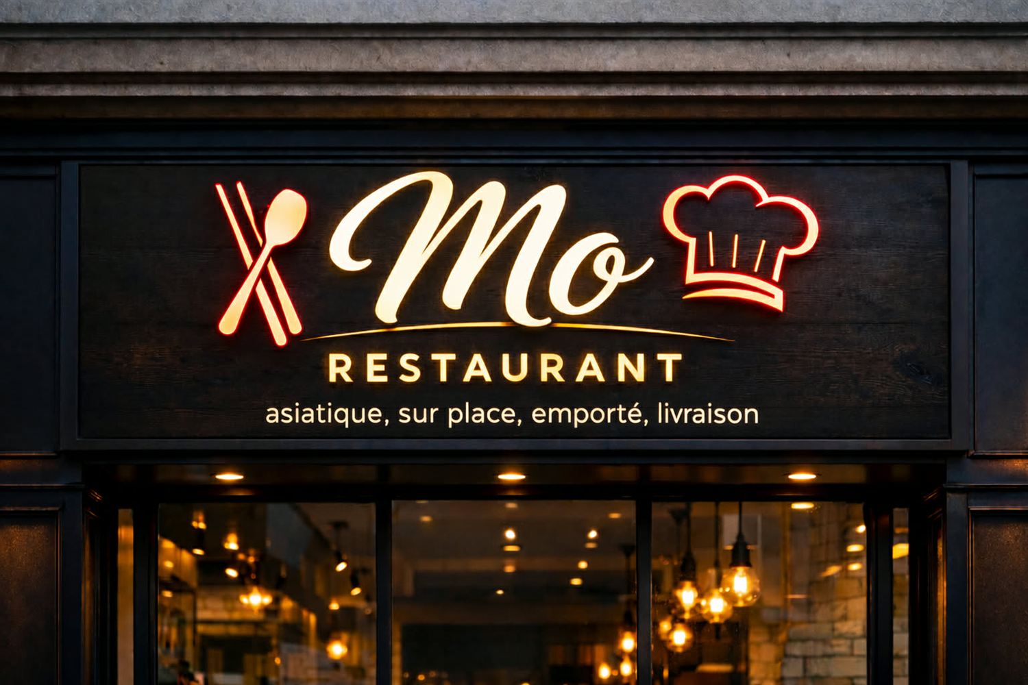 Façade lumineuse du restaurant Mo avec son enseigne