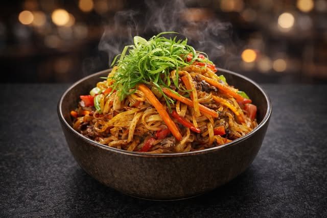 Nouilles sautées aux carottes et poivrons, ciboule fraîche
