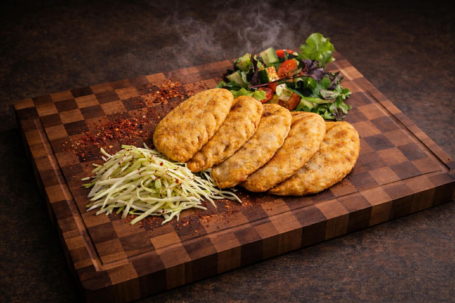 Chaussons dorés posés sur une planche en bois avec salade et chou râpé